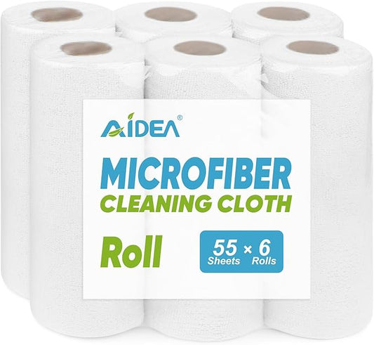 AIDEA Microfiber Cleaning Cloth White, Shop Rags 330 Sheets(6 Roll), Towels for Cars, Tear Away Reusable Paper Towels, Kitchen Towels Cleaning Rags for Automotive, Mechanic, Workshops, House, 11×9"