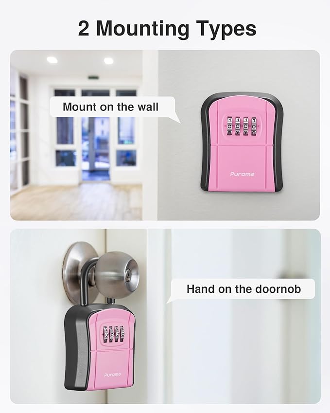 Puroma Key Lock Box, Portable Combination Lockbox Wall-Mounted Key Storage Box for House Keys, Resettable Code Safe Security Lock Box for Home, Office, Apartment Spare Key Storage (1 Pack, Pink)