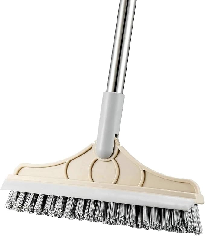 Magic Broom 2 in 1 Scrub Brush with Long Handle, V-Shape Stiff Bristle Brush Scraper, Squeegee and 120 Rotating Head for Bathroom, Glass and Wall Cleaning