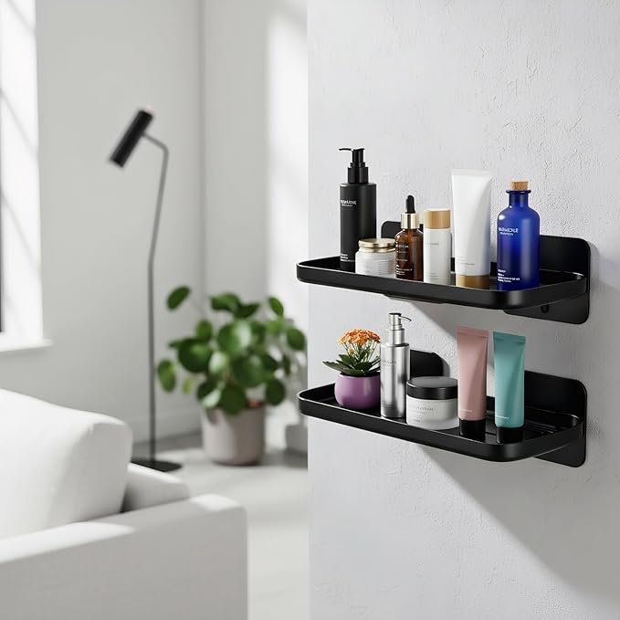 ACEXINYAN 2pc Wall Mounted Floating Shelf, Small Storage Rack with Edge Design, No Drill Shelves for Wall, Floating Shelves Damage-Free Expand Walls Space for Living Room Kitchen Bathroom (Black)