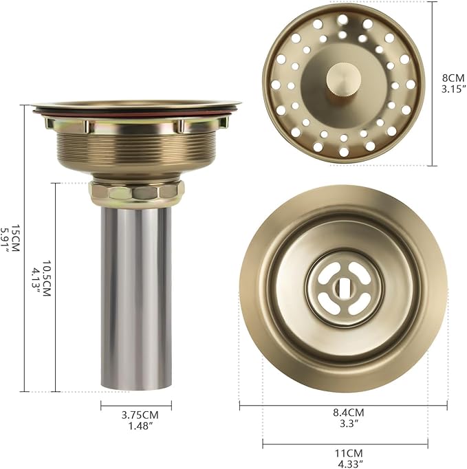 Uni-Green Champagne Bronze Kitchen Sink Drain for Standard 3-1/2 inch Drain - Fit 1-1/2 inch Pipe - Kitchen Sink Drain Strainer Stainless Steel Basket with Knob - Rubber Stopper Bottom