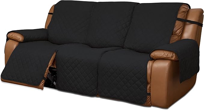Easy-Going Oversized Recliner Sofa Cover, Reversible Couch Cover for 3 Seat Recliner, Split Sofa Cover for Each Seat with Elastic Straps for Kids, Dogs, Pets (3 Seater, Black/Black)