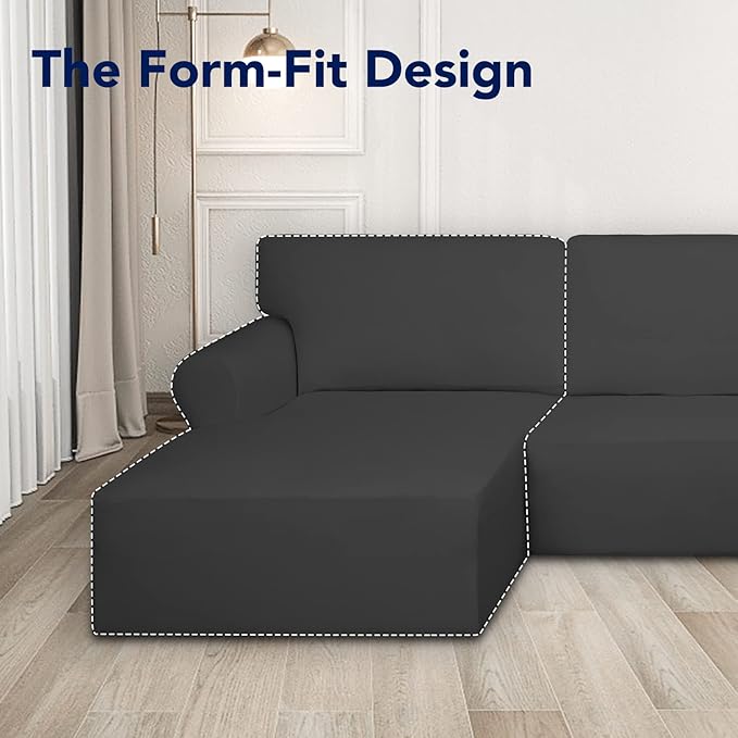 PureFit Super Stretch Sectional Couch Covers - 2 pcs Spandex Non Slip Sofa Covers with Elastic Bottom for L Shape Sectional Sofa Couch, Great for Kids & Pets (3 Seat Sofa + 2 Seat Chaise, Dark Gray)