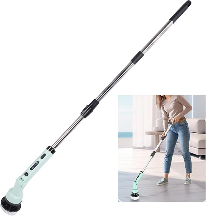 YUYTE Electric Spin Scrubber,Cordless Cleaning Brush with 9 Replaceable Heads,Adjustable Extension Handle, 90 Mins Long Lasting Power for Bathroom, Shower, Tub, Tile, Floor, Car (Green)