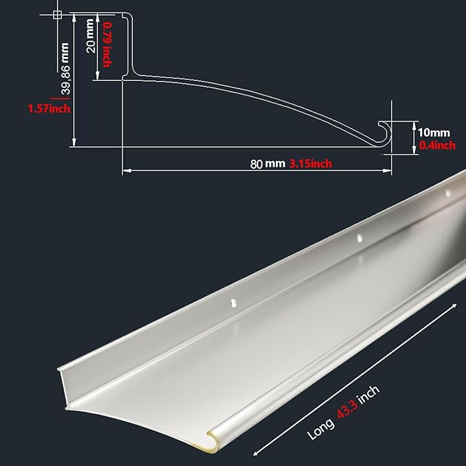 Aluminum Overhead Door Rain Drip Cap Guard for Exterior Door and Window Top,43.3” Drip Edge Flashing,Deflectord,Diverter, Anodized 2PCS Silver