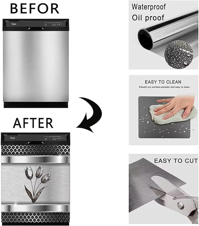 Generic Stainless Steel Dishwasher Magnet Cover Decor, Metal Floral Dishwashing Sticker Magnetic, Kitchen Fridge Door Magnet Cover Vinyl Sticker (23"" x 26"" Magnetic), Rimyy111-9
