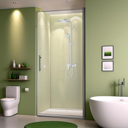 34" Wx72 H Frameless Reversible Pivot Shower Door, 1/4" Clear SGCC Tempered Glass, 304 Stainless Steel Hardware, Water Protection Seal Stripes Plus Glass-Fixing Aluminum Stripe