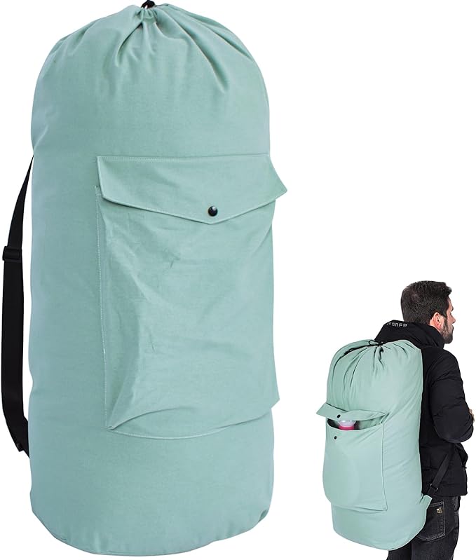 Sanlykate Canvas Backpack Laundry Bag - Extra Large Durable Dirty Clothes 2-3 Days Capacity with Adjustable Shoulder Strap & Front Pocket, for College Dorm, Apartment, Laundromats, Camping Travel