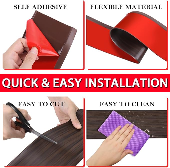 Vinyl Wall Base Baseboard Molding Trim 4" Flexible Self Adhesive Rubber Wall Base Moulding Trim Peel and Stick Design, 4 Inch x 100 Feet, Brown Wood