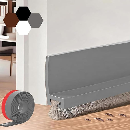 39-inch Door Draft Stopper with Brush - Adhesive Weather Stripping Seal for Exterior/Interior Doors | Under Door Sweep Blocks Drafts, Noise & Dust | Fits 1/4"-1" Gaps (Grey)