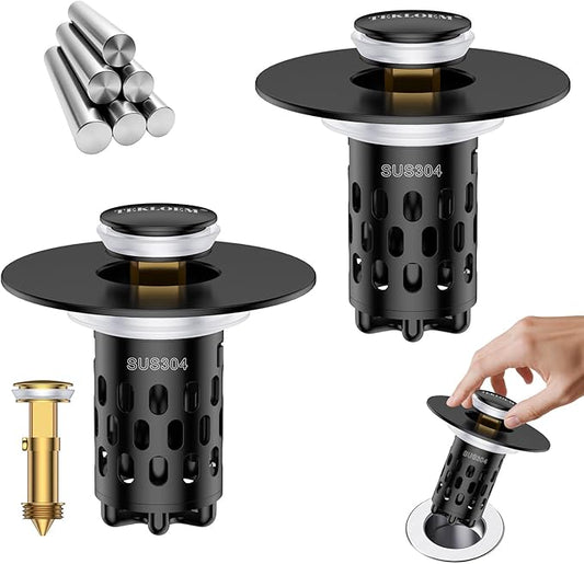 Bathroom Sink Stopper,All Metal Pop-Up Sink Drain Strainer with Removable Stainless Steel Filter Basket, Universal Bathroom Hair Catcher Fit for 1.1-2.36'' Drain (Black, 2 Pack)