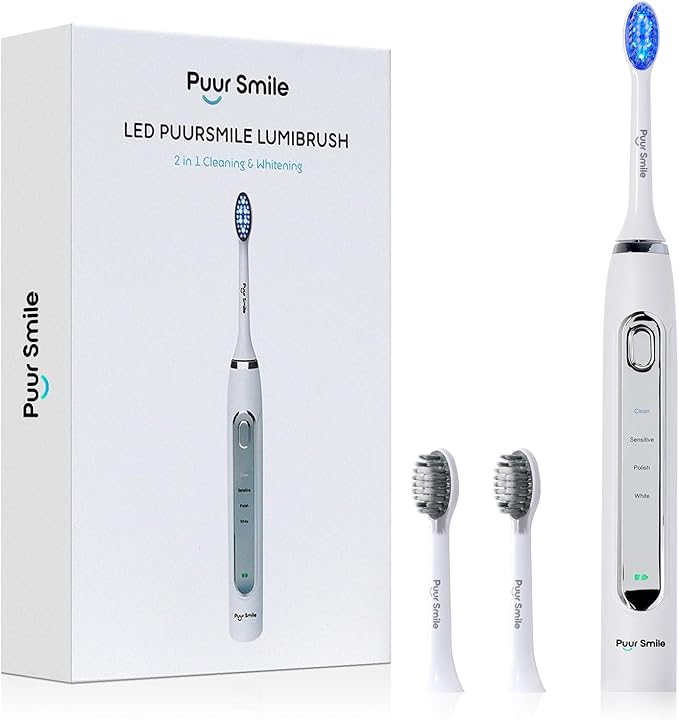 LED Electric Lumi Toothbrush - 2 (Blue led) Brush Heads for Adults | 4 Cleaning Modes with Smart Timer, IPX7 Waterproof, Long-Lasting Battery & Wireless Charging Base (White)