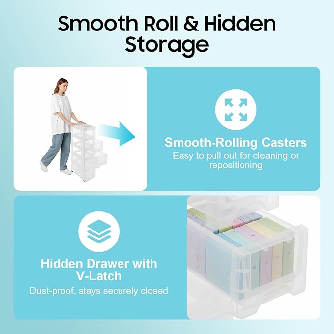 Narrow Plastic Drawers Cabinet, Multi-functional Plastic Tower Organizer with Wheels for Small Space Bathroom Bedroom Kitchen Offices Dormitory, 7 * 15 * 33in (White)