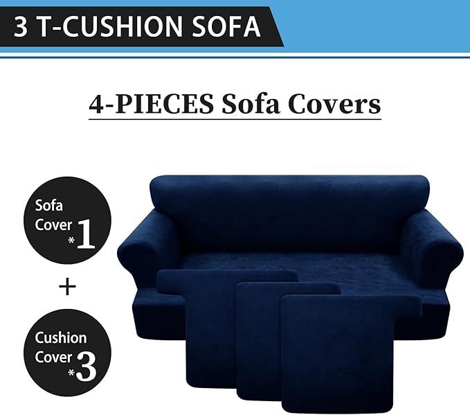 4-Piece T Couch Cover - Leather Look Slipcovers for 3 Cushion Sofa, Washable, Navy