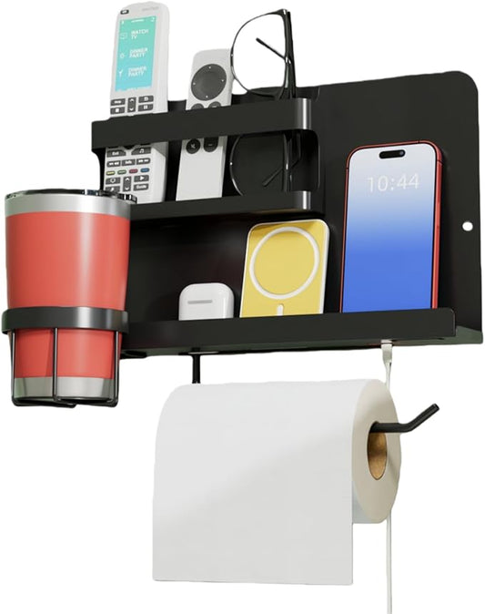 Floating Shelves for Bedside, Self Stick On Wall Mount Shelf Organizer with Hooks, Cute Room Decor Aesthetic, Multi-Functional Storage for Bedroom, Office, No Drilling Adhesive Hanging Shelf (Black)