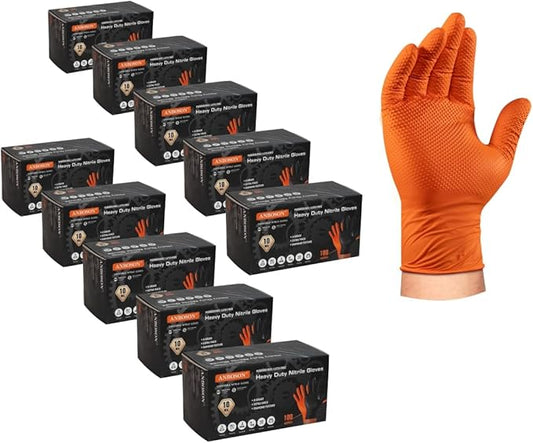 10 Mil Nitrile Disposable Gloves Heavy Duty Mechanic Gloves Raised Diamond Texture Thick (Orange of 1000,X-Large)