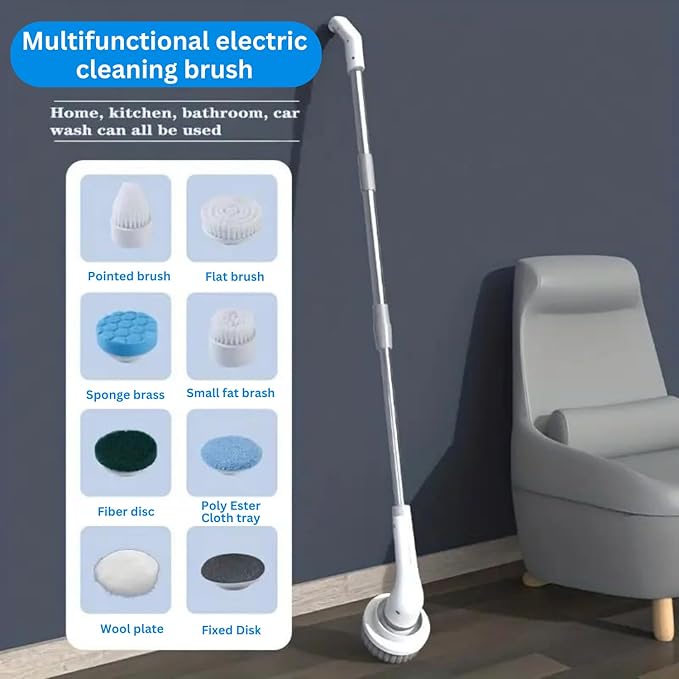 Electric Spin Scrubber 8-in-1 with MOP Clip - Adjustable Extension Arm & 8 Replaceable Brushes - Cordless Cleaning Power Shower Grout Scrubber for Kitchen, Bathroom, Tub, Tile, Floor