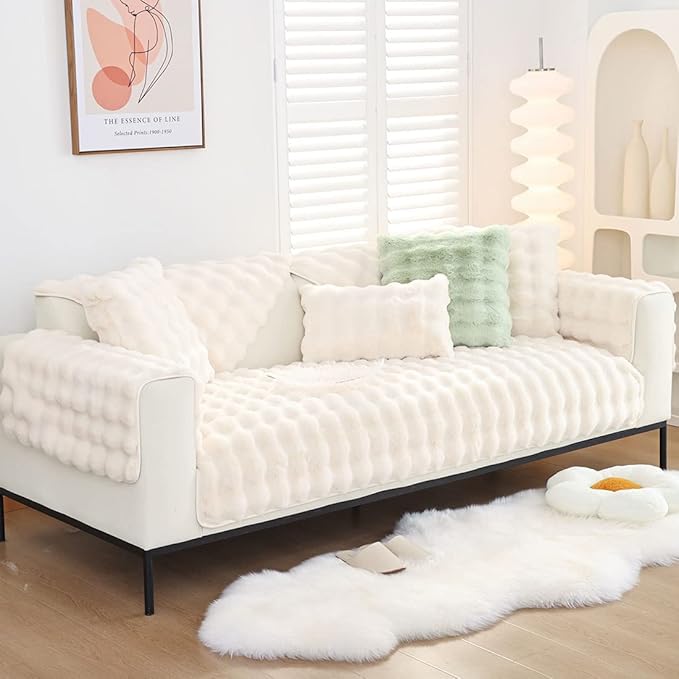 Soft Warm Faux Fur Couch Sofa Cover Thick Shaggy Fuzzy Sectional Couch Cover Non-Slip Solid Color Plush Sofa Slipcover Furniture Protector for Kids, Pets (Cream,43"x70")