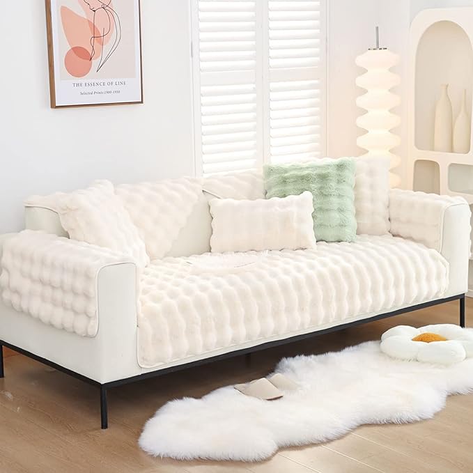 Soft Warm Faux Fur Couch Sofa Cover Thick Shaggy Fuzzy Sectional Couch Cover Non-Slip Solid Color Plush Sofa Slipcover Furniture Protector for Kids, Pets (Cream,28"x82")