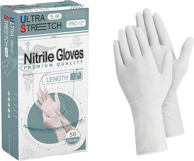 12 Inch 7.5Mil Ultra Stretch Professional White Disposable Nitrile Gloves, Cleaning, Food Safe, Kitchen, Tough & Strong
