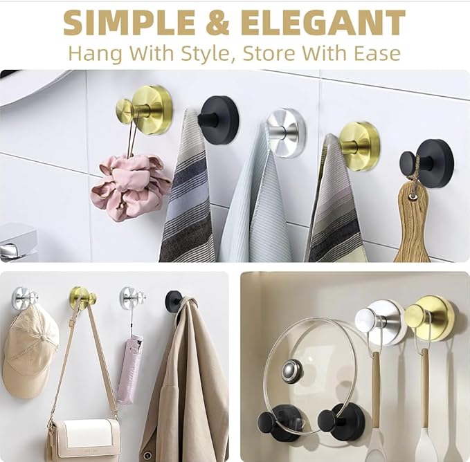 6-Pack Upgraded Stainless Steel Suction Cup Hooks, Heavy Duty Adhesive Hooks No Drilling & Traceless, Reusable for Bathroom, Glass, Front Door Hanging - Gold，Bathroom, Shower, Towel,Wall Mount