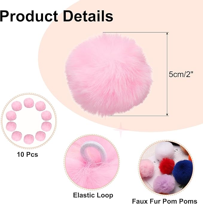 uxcell 2 Inch Faux Fur Pom Pom Balls, 10 Pcs Light Pink Fluffy Soft Faux Fur Pom Poms for Hats with Elastic Loop for DIY Knitting Hats Keychain Scarves Gloves Bags Shoes Accessories