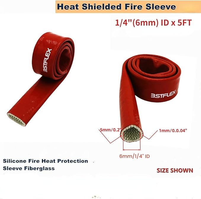 1/4"(6mm) ID Heat Shielded Fire Thermo Armor Fire Sleeve Silicone Coated Fiberglass for Automotive Hose Lines & Electrical Wiring Red, 5 feet