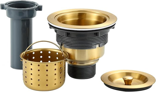 3-1/2-inch Kitchen Sink Drain, Stainless Steel Removable Deep Basket Strainer, Gold Kitchen Sink Drain with Tailpiece