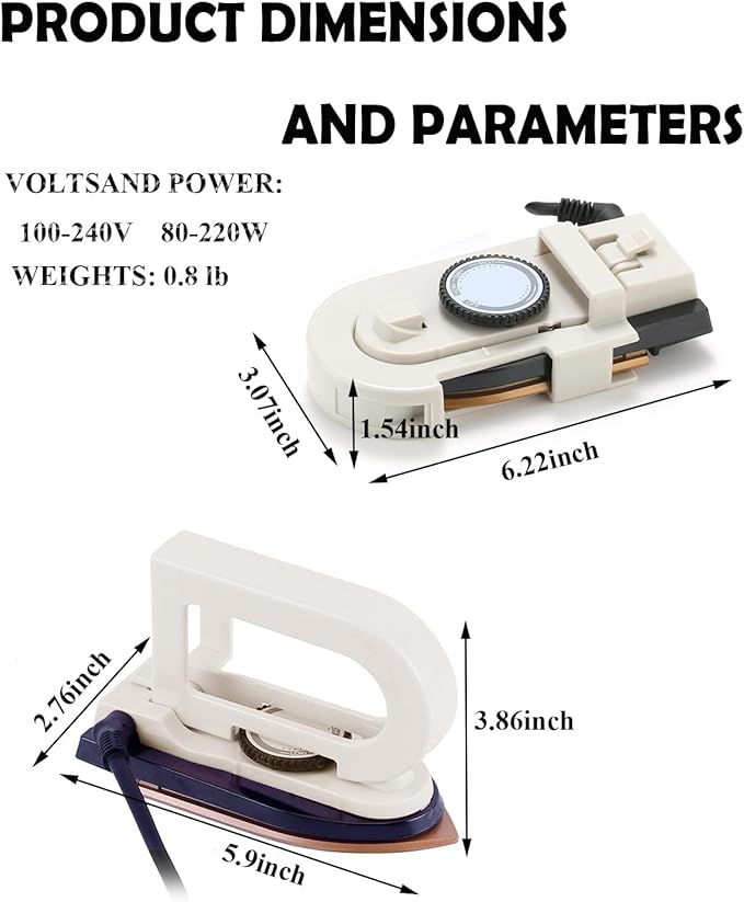 Dual Voltage Travel Iron (100-120V/220-240V) - 3-Temp Steamless Mini Dry Iron for Clothes, Non-Stick 356°F Soleplate with Foldable Handle, 0.8lb Ultra-Lightweight (White)