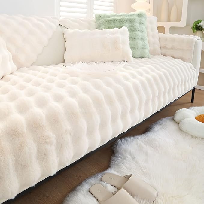 Soft Warm Faux Fur Couch Sofa Cover Thick Shaggy Fuzzy Sectional Couch Cover Non-Slip Solid Color Plush Sofa Slipcover Furniture Protector for Kids, Pets (Cream,43"x94")