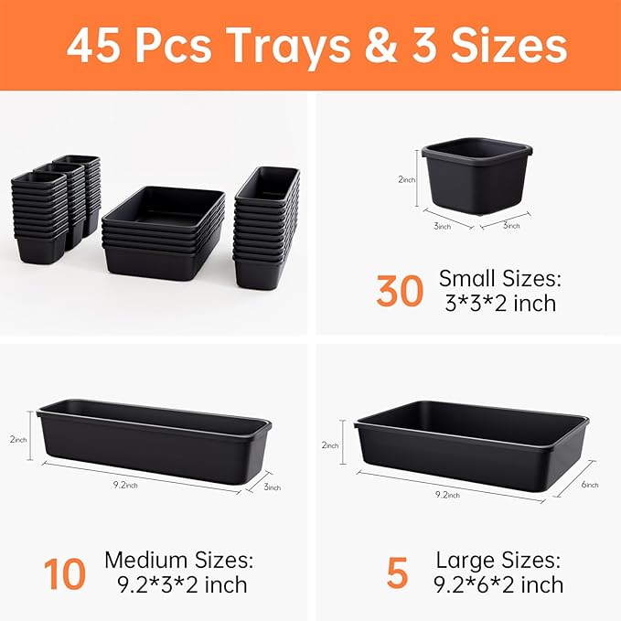 45 Pack Tool Box Organizer Tray Divider, Toolbox Desk Drawer Organizer,Garage Organization Storage for Rolling Tool Chest Cart Cabinet Workbench Workshop Small Parts Widget Tool Organizer Black