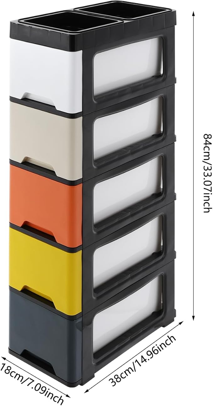Narrow Plastic Drawers Cabinet, Multi-functional Plastic Tower Organizer with Wheels for Small Space Bathroom Bedroom Kitchen Offices Dormitory, 7 * 15 * 33in (Colorful A)