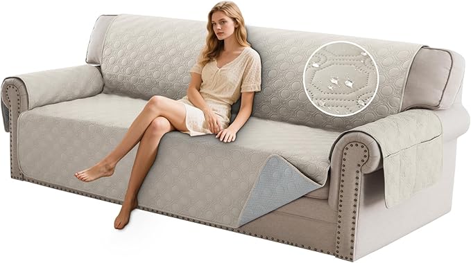 PrinceDeco Oversized Couch Cover for 3 Cushion Couch Extra Large Sofa Cover for Dogs Water Proof Furniture Protector Cover with Elastic Straps for Pet (Oversized Sofa, French Oak)