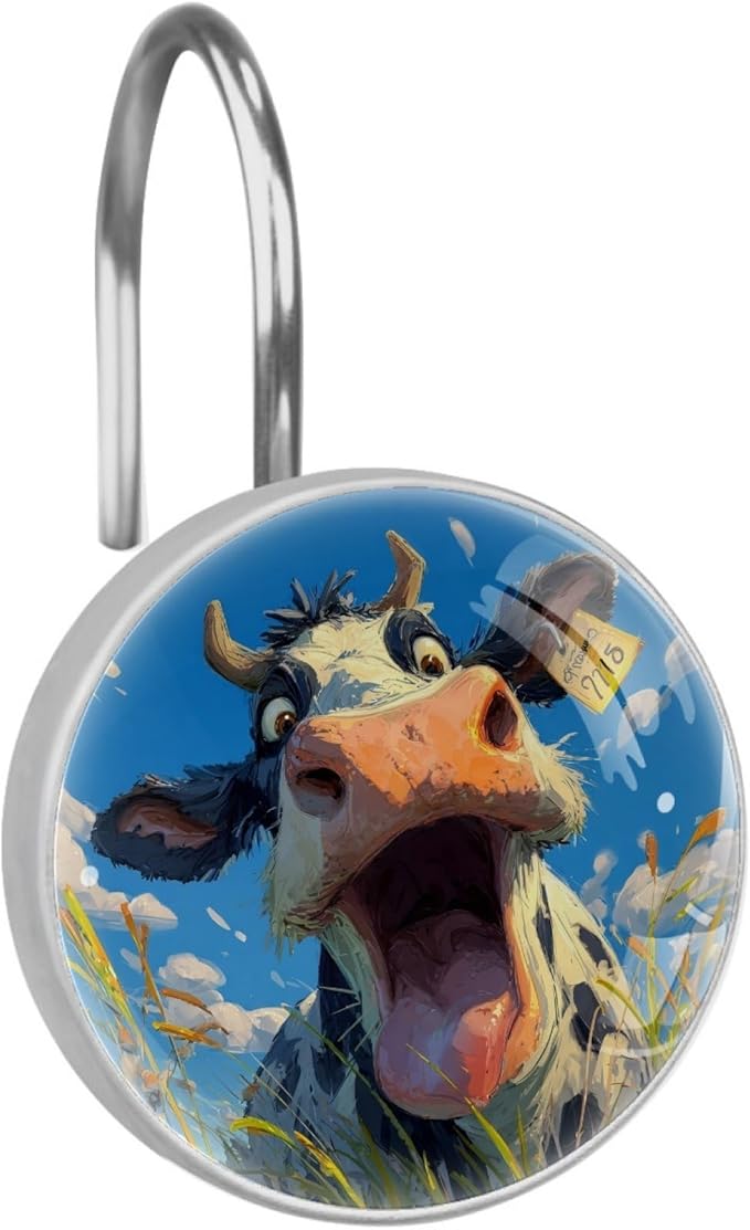 12 Packs Funny Cow Pattern Shower Curtain Hooks, Stainless Steel Glass Shower Curtain Rings for Bathroom Decor, Metal Rustproof Curtain Rod Hooks