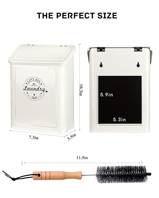 Magnetic Lint Bin for Laundry Room Organization and Storage with Brush, Wall-Mounted Dryer Lint Bin for Room Decor, Space-Saving Trash Can (Cream)