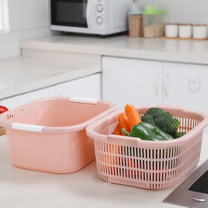 BESTonZON Double Layer Draining Basket with Fast Drain Holes Plastic Colander for Vegetable and Fruit Washing and Kitchen Food Prep 5.91 X 10.24 X 5.91 Inches