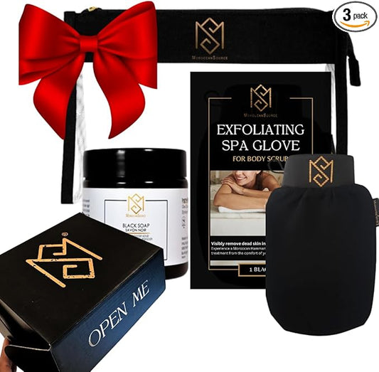 Exfoliating Glove Kessa Mitt Body Scrubber – Dead Skin Remover Shower Glove for Deep Pore Cleansing, Black Soap, and Moisturizer with Argan Oil by Moroccan Source – 3 Piece Spa Set Kit