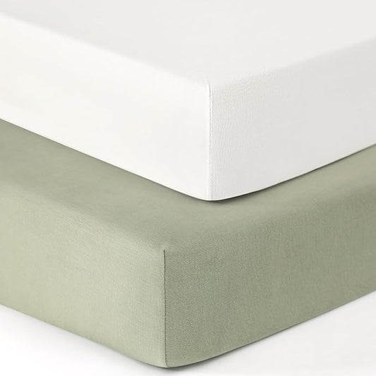 GRSSDER Jersey Crib Sheets for Boys and Girls, Stretchy Ultra Soft Crib Fitted Sheets Set 2 Pack, Universal Fit All Standard Crib Mattress Pads Safe and Snug, Natural White/Sage