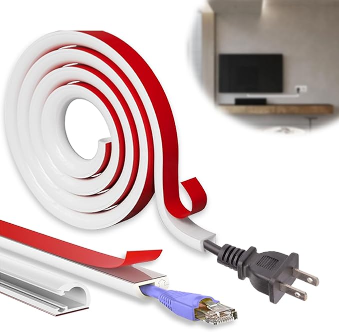 118" Silicone Cord Hider Wall Wall Cord Hider(1/4" Diameter) Cord Organizer Cord Covers Raceway Kit for Wires Hider Cable Management Under Desk W 0.54”× H 0.39”White