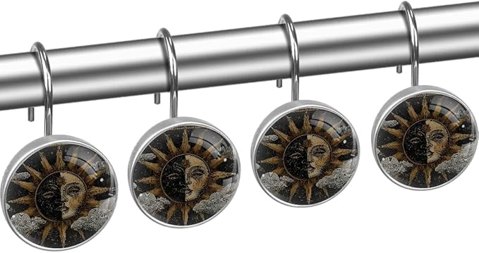 Vintage Boho Sun Shower Curtain Hooks, 12Pcs Abstract Rust Resistant Shower Rings for Shower Curtain Rods, Stainless Steel Round Curtain Hooks for Bathroom, Bedroom, Farmhouse