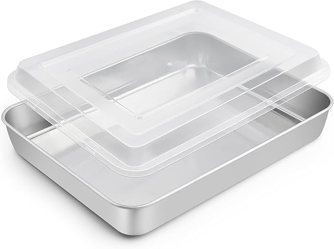 TeamFar Rectangular Cake Pan with Lid, 10.5’’ Stainless Steel Small Lasagna Baking Roasting Brownie Pan, Non-toxic & Deep Side, Brushed Surface & Dishwasher Safe, 2 PCS