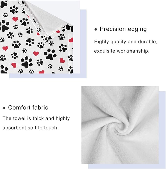 3 Piece Black White Dog Paw Print Bath Towel Set,Microfiber Decorative Puppy Pet Footprint Red Love Hearts Bathroom Towels,1 Bath Towel 1 Hand Towel for Bathroom Kitchen,1 Washcloth for Face