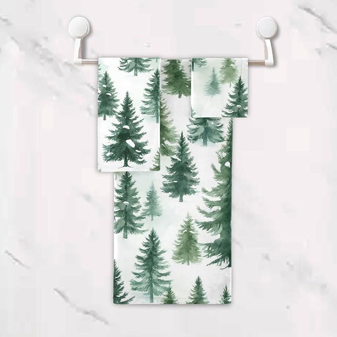 Pfrewn Christmas Winter Towels Set of 3 Woodland Rustic Forest Pine Trees Bathroom Towel Soft Absorbent Bath Hand Towels Washcloth Guest Towel Sets Xmas Holiday Decor