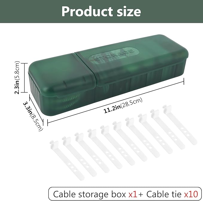 LUWOO Cable Organizer Box with 10 Wire Ties, Clear Charge Cord Management Cases with 7 Compartments, Desktop Drawer Organizer Storage Container, Wire Storage Box with Lid (Green)