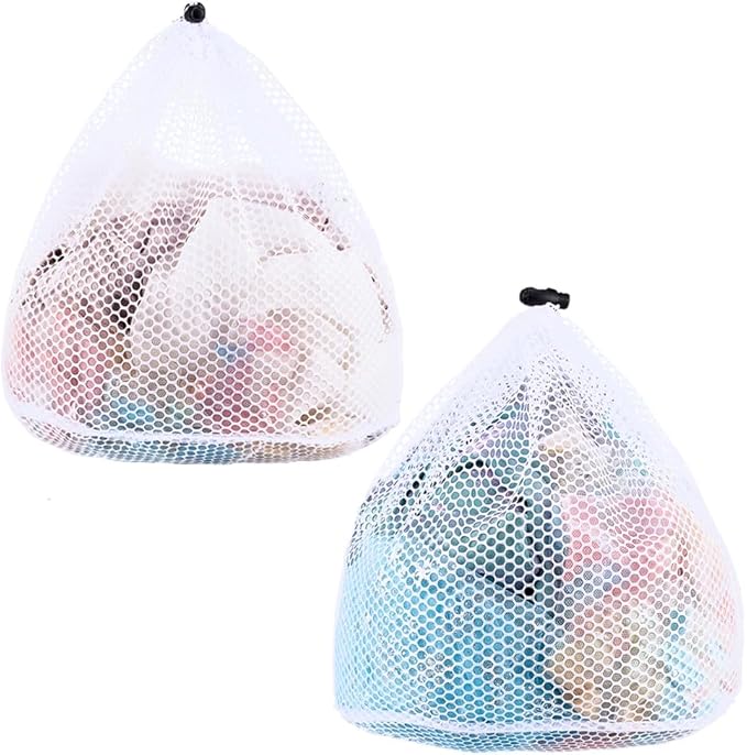 CRASPIRE 2Pcs 2 Styles Drawstring Laundry Mesh Bag White Polyester Rectangle Locking Closure Handy Oxford Dirty Clothes Large Heavy Duty Pouch for Apartment Dorm Washing Machine Travel Garment