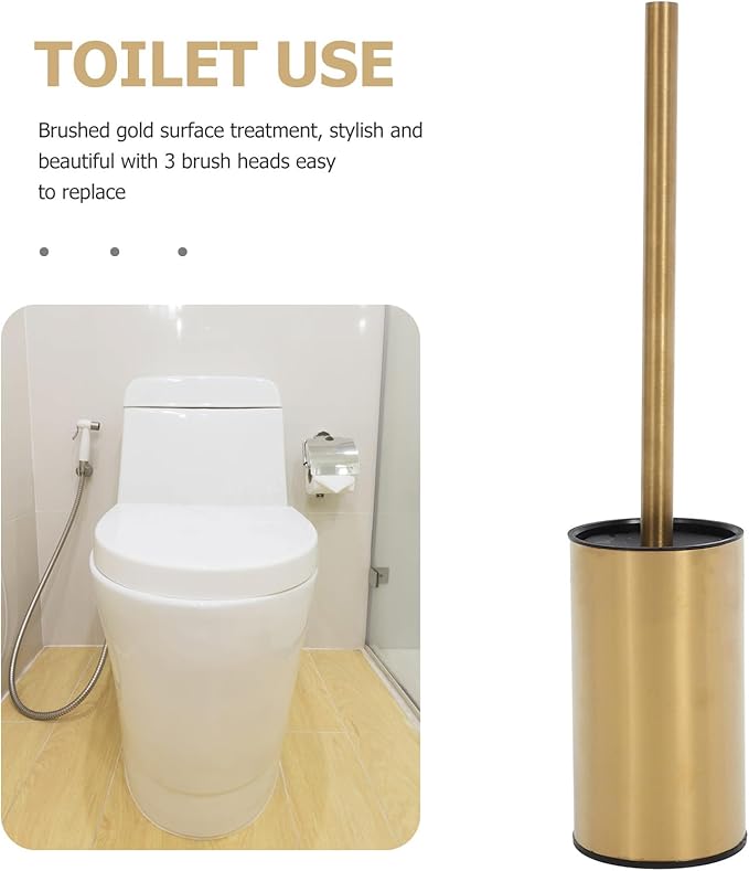 Operitacx Stainless Steel 304 Toilet Brush and Holder Set, Round Gold Bathroom Toilet Bowl Brush with Base and 3 Replacement Heads, Bathroom Cleaning Accessory for Home Use