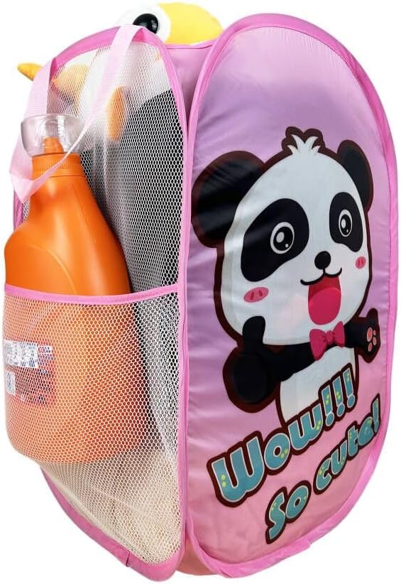 WEI LONG Mesh Popup Hamper-Foldable Lightweight Basket for Washing-Durable Clothing Storage for Kids Room,Students College Dorm,Home,Travel & Camping-Pop-up Clothes Hamper (Pink Panda)