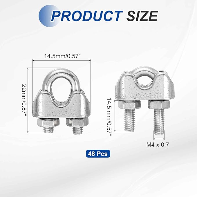 MECCANIXITY 48Pcs Wire Rope Cable Clip Clamps 5/32 Inch M4 Small 304 Stainless Steel U Bolt Saddle Fasteners Hardware for Secure Rigging Marine Guy Line Fence Clothesline, Silver