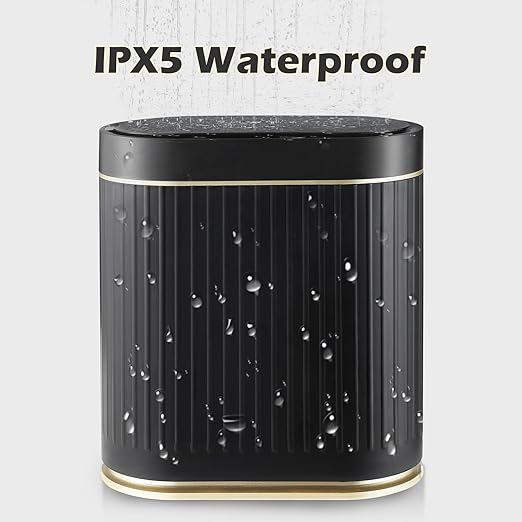 ELPHECO Bathroom Trash Can with Lid 2 Gallon Motion Sensor Garbage Can 7.5 Liter Small Trash can Touchless Bathroom Decor Waterproof Smart Waste Bin with Stripes for Bedroom, Office (Black-Golden)