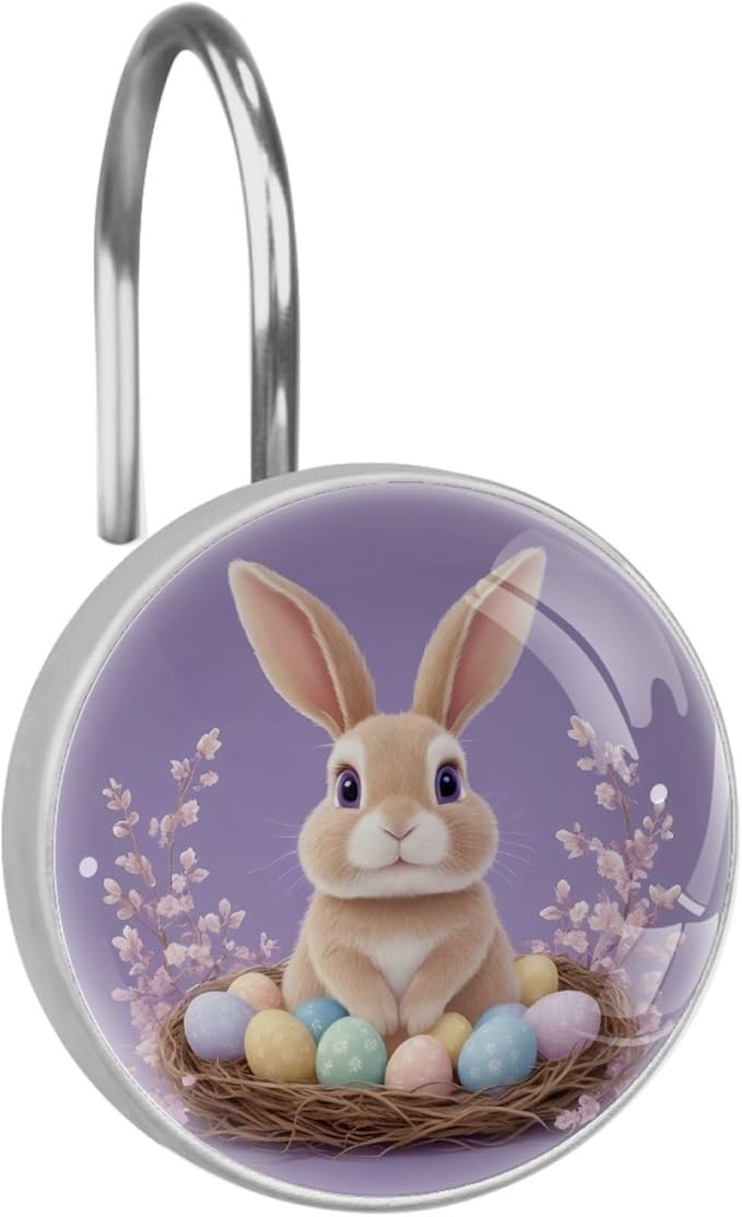 Elegant Purple and Easter Bunny Crystal Glass Shower Curtain Hooks for Bathroom Shower Rod, 12Pcs Round Home Decorative Shower Curtain Rings, Bathroom Bedroom Living Room Accessories